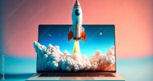 Launching space rocket from laptop screen, generative ai
